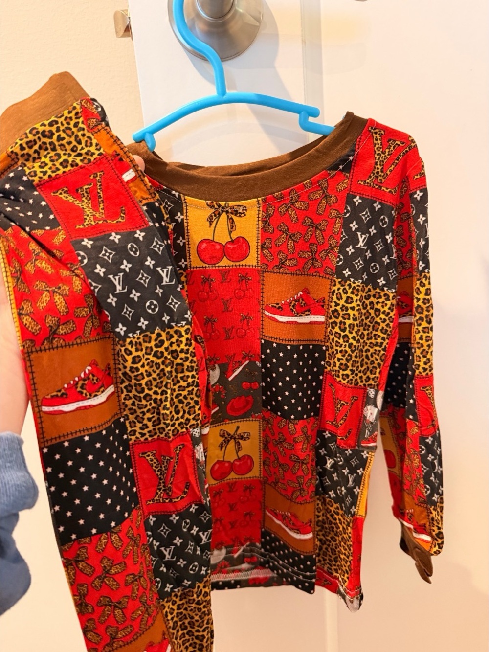 BAMBOO Patchwork Cherry & Leopard Long-Sleeve Tee in Red, Brown & Black
